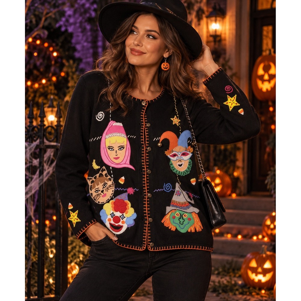 Vintage Halloween Whimsigoth Clown Witch Cat Cardigan Arriviste Black M